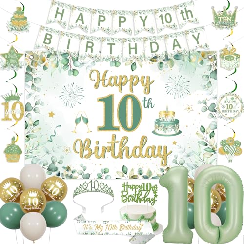 Fangleland Salbeigrün 10. Geburtstag Dekorationen für Mädchen, Happy 10th Birthday Banner Hintergrund hängende Wirbel Kuchen Topper Krone Schärpe Nummer 10 Folienballons für zweistellige von Fangleland