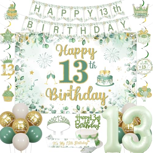 Fangleland Salbeigrün 13. Geburtstag Dekorationen für Mädchen, Happy 13th Birthday Banner Hintergrund hängende Wirbel Kuchen Topper Krone Schärpe Ballons für 13 Jahre alt Party Supplies von Fangleland