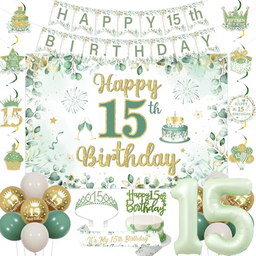 Fangleland Salbeigrün 15. Geburtstag Dekorationen für Mädchen, Happy 15th Birthday Banner Hintergrund hängende Wirbel Kuchen Topper Krone Schärpe Nummer 15 Folienballons für fünfzehn Geburtstag Party von Fangleland