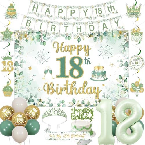Fangleland Salbeigrün 18. Geburtstag Dekorationen für Mädchen, Happy 18th Birthday Banner Hintergrund hängende Wirbel Kuchen Topper Krone Schärpe Nummer 18 Folienballons für achtzehnte Jahre alte von Fangleland