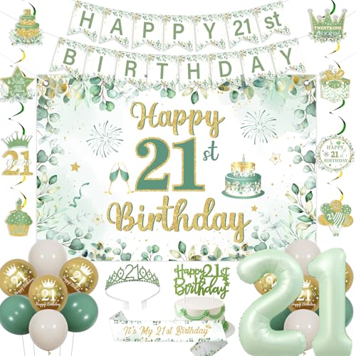 Fangleland Salbeigrün 21. Geburtstag Dekorationen für Mädchen, Happy 21st Birthday Banner Hintergrund hängende Wirbel Kuchen Topper Krone Schärpe Nummer 21 Folienballons für 21 Jahre alten Geburtstag von Fangleland