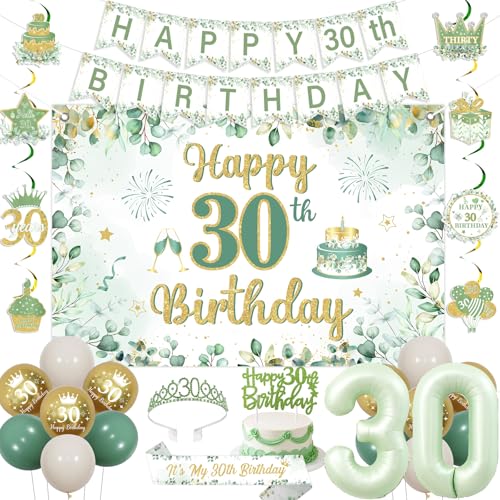 Fangleland Salbeigrün 30. Geburtstag Dekorationen für Frauen, Happy 30th Birthday Banner Hintergrund hängende Wirbel Kuchen Topper Krone Schärpe Nummer 30 Folienballons für Thirty Bday Party Supplies von Fangleland