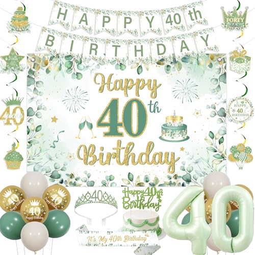 Fangleland Salbeigrün 40. Geburtstag Dekorationen für Frauen, Happy 40th Birthday Banner Hintergrund hängende Wirbel Kuchen Topper Krone Schärpe Nummer 40 Folienballons für Forty Bday Party Supplies von Fangleland