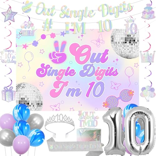 Fangleland Schillernde Dekorationen zum 10. Geburtstag für Mädchen, Peace Out Single Digits I'm 10 Banner Hintergrund hängende Wirbel Kuchen Topper Krone Schärpe 10 Folienballons für Silber 10 von Fangleland