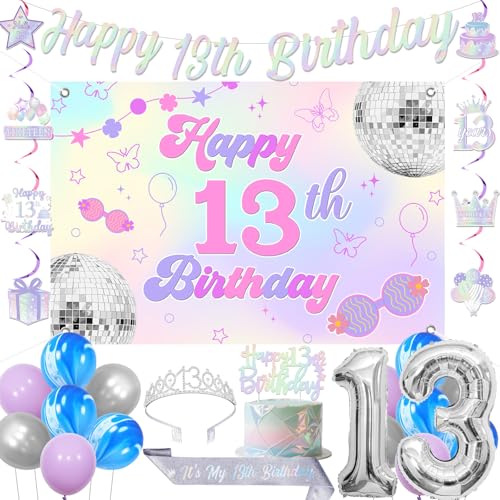Fangleland Schillernde Dekorationen zum 13. Geburtstag für Mädchen, Happy 13th Birthday Banner Hintergrund hängende Wirbel Kuchen Topper Krone Schärpe 13 Folienballons für Silber 13 Jahre alt von Fangleland