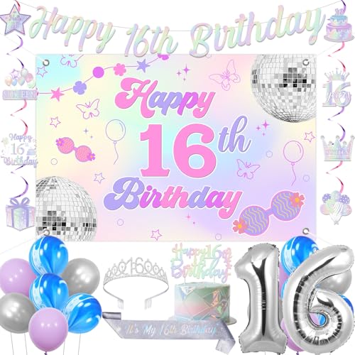 Fangleland Schillernde Dekorationen zum 16. Geburtstag für Mädchen, Happy 16th Birthday Banner Hintergrund hängende Wirbel Kuchen Topper Krone Schärpe 16 Folienballons für Silber Sweet Sixteen Bday Fangleland Schillernde Dekorationen zum 16. Geburtstag für Mädchen, Happy 16th Birthday Banner Hintergrund hängende Wirbel Kuchen Topper Krone Schärpe 16 Folienballons für Silber Sweet Sixteen Bday von Fangleland