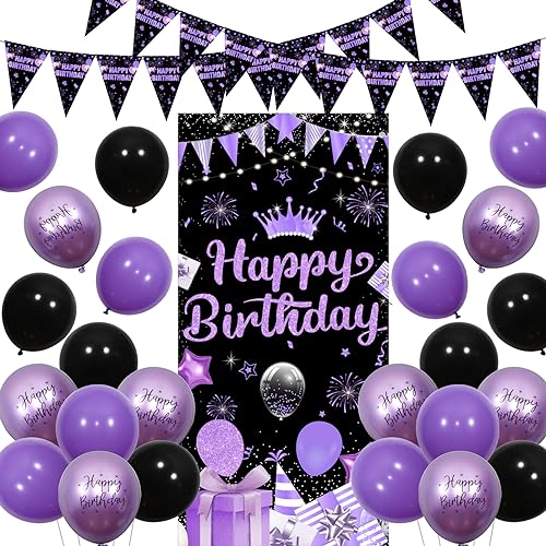 Fangleland Schwarz und lila Geburtstag Dekorationen für Mädchen Frauen, Geburtstag Party Supplies mit Happy Birthday Tür Banner und Luftballons Dreieck Flagge Banner für Happy Birthday Deko Fangleland Schwarz und lila Geburtstag Dekorationen für Mädchen Frauen, Geburtstag Party Supplies mit Happy Birthday Tür Banner und Luftballons Dreieck Flagge Banner für Happy Birthday Deko von Fangleland