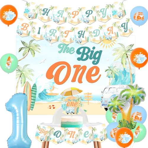 Fangleland Surfing The Big One 1st Birthday Decorations - Surf Backdrop Banners Cake Topper Beach Balloons, Summer Beach Surfboard First Bday Party Supplies Boys von Fangleland