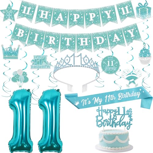 Fangleland Teal 11th Birthday Decorations for Girls, Happy 11th Birthday Banner Hanging Swirls Cake Topper Crown Sash Number 11 Balloons for 11 Year Old Bday Party Supplies Teal Blue Fangleland Teal 11th Birthday Decorations for Girls, Happy 11th Birthday Banner Hanging Swirls Cake Topper Crown Sash Number 11 Balloons for 11 Year Old Bday Party Supplies Teal Blue von Fangleland