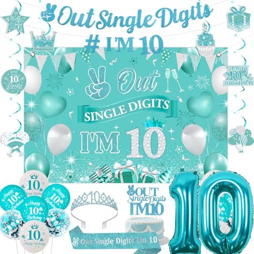 Fangleland Teal Blue 10th Birthday Decorations, Peace Out Single Digits I'm 10 Banner Backdrop Hanging Swirls Cake Topper Crown Sash Number 10 Balloons for Girl Boy Double Digits Bday Party Supplies von Fangleland