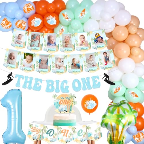 Fangleland The Big One Surfing 1st Birthday Decorations - Vintage Surf Balloons Garland Arch Kit Photo Banner Cake Topper, Surfboard First Bday Party Supplies Boys von Fangleland