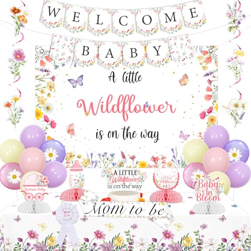 Fangleland Wildblumen-Dekoration für Babypartys, "A Little Wildflower Is on the Way", Hintergrund für Willkommens-Banner, Blumen-Kuchenaufsatz, hängende Wirbel, Waben-Mittelstück, Schärpe für Gender von Fangleland