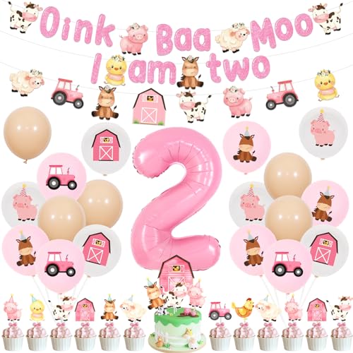 Fangleland rosa Bauernhof 2. Geburtstag Dekorationen für Mädchen - Oink Baa Moo bin ich zwei Bauernhof Tier Thema Geburtstag Party Supplies mit Banner Girlande Ballons Kuchen Topper Cupcake Toppers von Fangleland