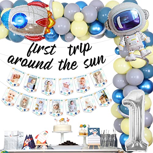 First Trip Around The Sun Geburtstagsdekorationen für Jungen, Weltraum 1. Sonnensystem Ballon Girlande Kit – Weltraum erster Geburtstag Fotobanner für Galaxy Party Supplies von Fangleland