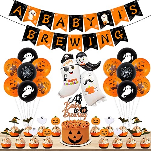 Halloween A Baby is Brewing Baby Shower Dekorationen, Schwarz und Orange A Baby is Brewing Banner Cake Topper, Ghost Pumpkin Bat Balloons für Halloween Baby Shower Gender Reveal Party Supplies von Fangleland