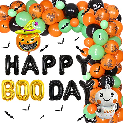 Halloween Ballon Girlande Kit Orange Schwarz Grün 89 Pack Happy Boo Day Banner mit 3D Gruselige Fledermäuse Wandsticker Geist Kürbis Folienballon für Halloween Geburtstag Dekorationen von Fangleland