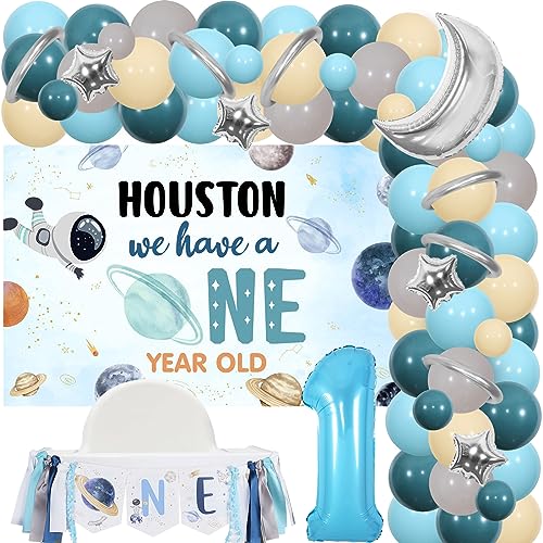 Houston Wir haben ein Jahr alt 1. Geburtstag Dekorationen, Outer Space Thema ersten Geburtstag Partyzubehör für 1 Jahr alten Jungen, blaue Ballon Girlande Bogen Kit Backdrop Hochstuhl Banner von Fangleland