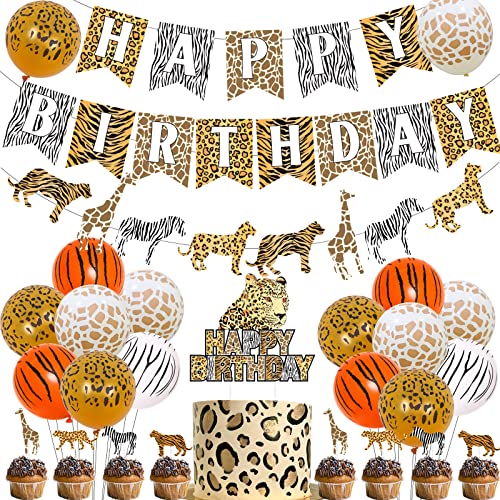 Fangleland Leopard Geburtstag Party Dekorationen Gepard Happy Birthday Banner Girlande Kuchen Topper Set für Jungen Mädchen Dschungel Safari Tier Thema Party Supplies von Fangleland