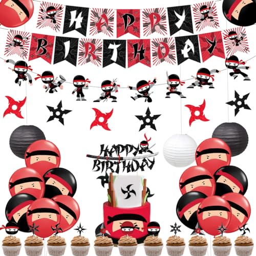 Ninja-Geburtstagsparty-Dekoration, rot und schwarz, Krieger-Motto-Partyzubehör für Jungen mit Ninja-Aufklebern, Happy Birthday Banner Kuchenaufsatz und Papierlaternen Ninja-Geburtstagsparty-Dekoration, rot und schwarz, Krieger-Motto-Partyzubehör für Jungen mit Ninja-Aufklebern, Happy Birthday Banner Kuchenaufsatz und Papierlaternen von Fangleland