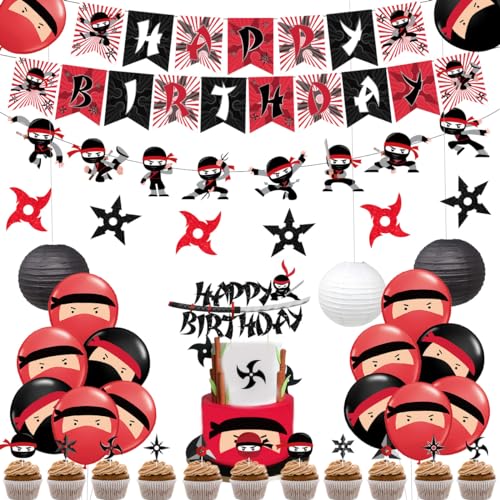 Ninja-Geburtstagsparty-Dekoration, rot und schwarz, Krieger-Motto-Partyzubehör für Jungen mit Ninja-Aufklebern, Happy Birthday Banner Kuchenaufsatz und Papierlaternen von Fangleland