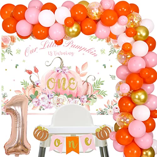 Our Little Pumpkin Is Turning One Decorations, Mädchen Little Pumpkin 1st Birthday Decor Autumn Balloon Garland Kit – Fall Kürbis Hintergrund & ein Hochstuhl Banner Pink Orange von Fangleland