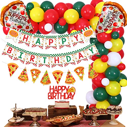 Pizza Geburtstag Party Dekorationen für Jungen oder Mädchen, Pizza Thema Ballon Girlande Kit Happy Birthday Banner Girlande und Kuchen Topper zum Feiern von Geburtstagsbedarf von Fangleland