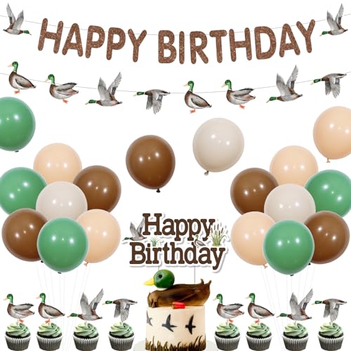 Stockente Geburtstag Party Dekorationen für Jungen, Ente Thema Geburtstag Party Zubehör mit alles Gute zum Geburtstag Banner, Ente Kuchen Topper, 24Pcs Cupcake Toppers von Fangleland