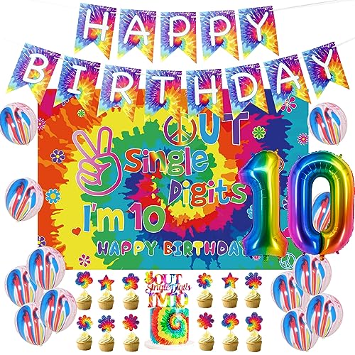 Tie Dye 10. Geburtstag Dekorationen für Mädchen, aus einzelnen Ziffern bin ich 10 Backdrop Regenbogen Ballons 60er 70er Hippie Thema zehnten Geburtstag Partyzubehör für 10 Jahre altes Mädchen von Fangleland