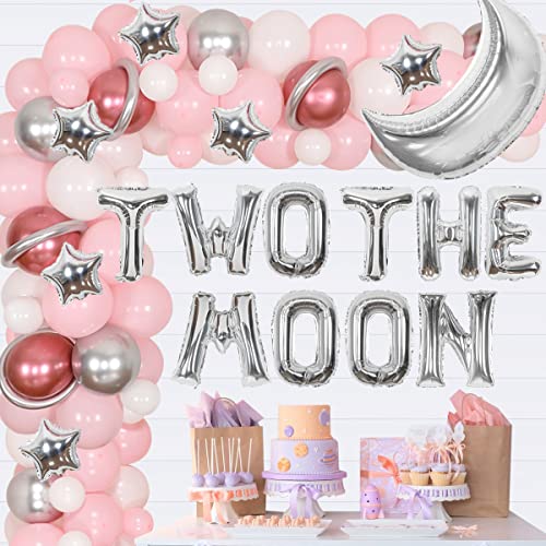 Two the Moon Balloon Garland Kit Pink Girls Space 2nd Birthday Party Decorations with Moon Star Balloons for Outer Space Astronaut Second Party Supplies von Fangleland