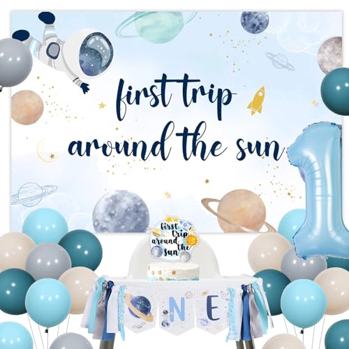 Weltraum-Thema 1. Geburtstag Dekorationen für Jungen, erste Reise um die Sonne ersten Geburtstag Partyzubehör für 1 Jahr alten Jungen, Ozean blauen Ballon Hintergrund Hochstuhl Banner Kuchen Topper von Fangleland