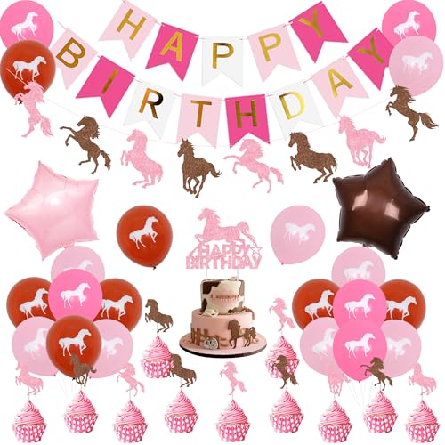 Fangleland Western Cowgirl Party Dekorationen, Pferd Happy Birthday Banner, Cake Topper und Derby Horse Balloon für Pferderennen Geburtstag, Cowgirl, Hochzeitsparty, Kinder Party Supplies von Fangleland