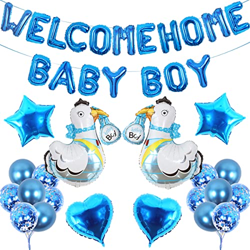 Fangleland Willkommen Zuhause Baby Junge Deko, Willkommen Zuhause Baby Junge Banner, Folienballon Konfettiballon für Babyparty Baby Dusche Party Deko Blau von Fangleland