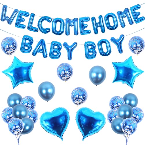 Fangleland Willkommen Zuhause Baby Junge Deko, Willkommen Zuhause Baby Junge Banner, Folienballon Konfettiballon für Babyparty Baby Dusche Party Deko Blau von Fangleland