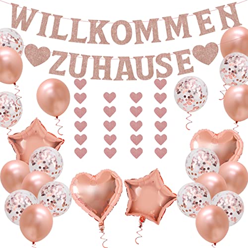 Fangleland Willkommen Zuhause Deko Set, mit Rosegold Willkommen Zuhause Banner, Konfetti Luftballons Herz Stern Folienballon für Hause Familie Willkommen Baby Empfang Partei von Fangleland