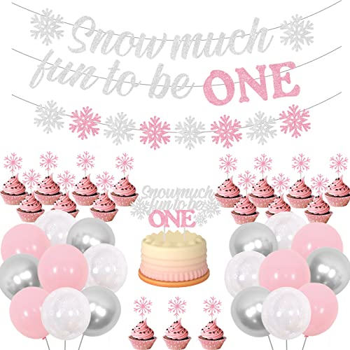 Winter Onederland Dekorationen zum 1. Geburtstag, Schnee für Mädchen, viel Spaß, ein Banner zu sein, Tortenaufsatz, rosa silberne Schneeflocken-Ballongirlande Cupcake Dekor von Fangleland