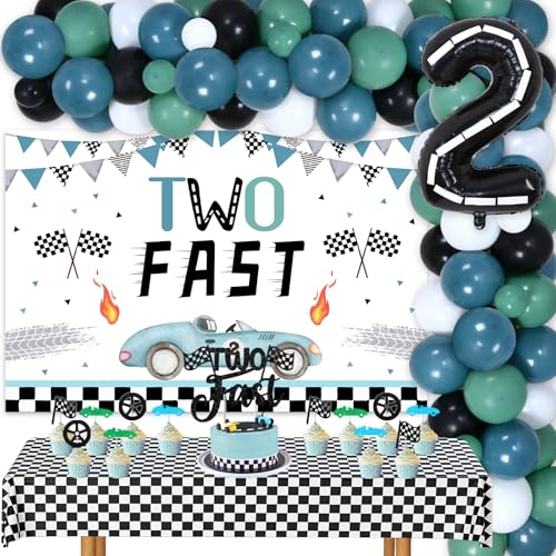 Zwei schnelle 2. Geburtstag Dekorationen für 2 Jahre alten Jungen, Rennwagen Thema 2. Geburtstag Party Supplies - Vintage blau grün Ballons Girlande Kit zwei schnelle karierten Kulisse Zwei schnelle 2. Geburtstag Dekorationen für 2 Jahre alten Jungen, Rennwagen Thema 2. Geburtstag Party Supplies - Vintage blau grün Ballons Girlande Kit zwei schnelle karierten Kulisse von Fangleland