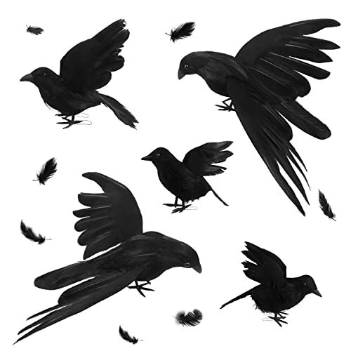 5 Stück Halloween Krähen Dekoration - Realistische Handmade Schwarze Gefiederte Fliegende Krähen für Party im Freien und Innenraum von Fangoo