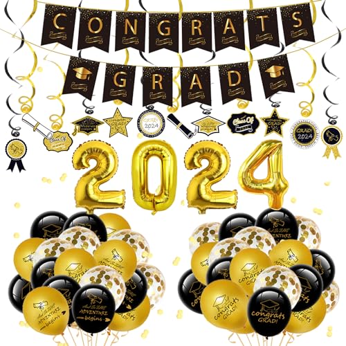 62 Stück Abschluss Deko, 2024 Abschlussfeier Party Dekoration, Abitur Bachelor Deko, Graduation Deko mit Congrats Grad Banner Congratulations Ballons Hängende Wirbel, Graduierung Fotorequisiten von Fangoo
