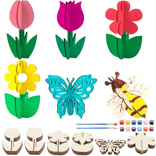 Fangoo 24 Stück 3D Blumen Holzbastelsets Unvollendete Holz Geburtstags Bastelset Enthält Blumen und Insekten Ausgestattet mit 12 Farbigem Acrylpigment für DIY Geburtstag Handwerk Bemalen von Fangoo
