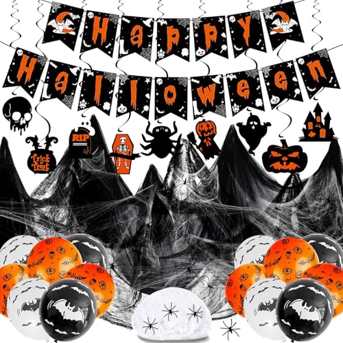 Fangoo 46-teiliges Halloween Party Dekorations-Kit - Gruselige Dekorationen, Banner, Schwarzes Tuch, Hängende Wirbel, Spinnennetz Mit Plastikspinnen, Ballons Fangoo 46-teiliges Halloween Party Dekorations-Kit - Gruselige Dekorationen, Banner, Schwarzes Tuch, Hängende Wirbel, Spinnennetz Mit Plastikspinnen, Ballons von Fangoo