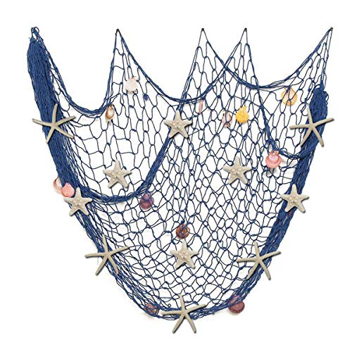 Nature Fish Net Wanddekoration mit Muscheln und 10 Stück natürlichen Seesternen Fischernetz im mediterranen Stil mit Meeresmotiven für Strandpartys Hochzeiten Fotografie Wanddekoration,150cm × 200cm von Fangoo