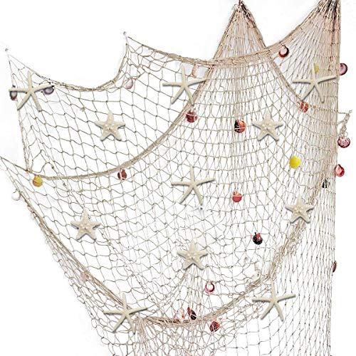 Nature Fish Net Wanddekoration mit Muscheln und 10 Stück natürlichen Seesternen Fischernetz im mediterranen Stil mit Meeresmotiven für Strandpartys Hochzeiten Fotografie Wanddekoration,150cm × 200cm von Fangoo