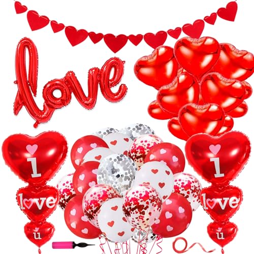 Valentinstag Luftballons Dekoration Set,Groß Rote Liebe Herz Luftballons Rote Konfetti Luftballons Rote Herzen Banner Für Valentinstag Hochzeitstag Braut Engagement Romantische Dekoration von Fangoo