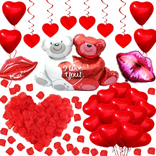 Valentinstag Romantische Dekoration,1000 Rote Rosenblätter Rote Luftballons Große Lippenballons Liebesbär Ballon und rote Liebe hängende Wirbel für Valentinstag Hochzeitstag Verlobungsdekoration von Fangoo