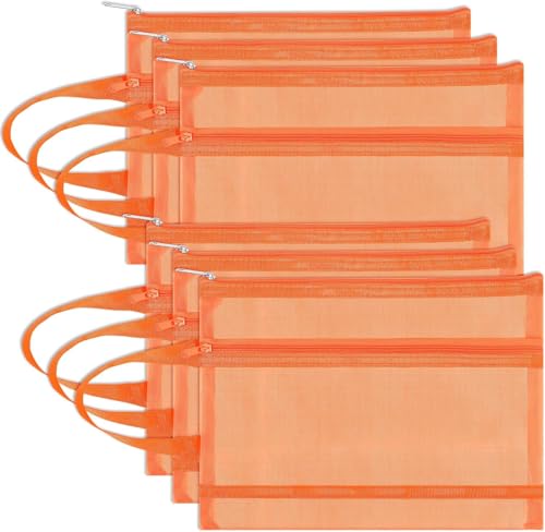 Fangzichen 6 Stück Netztaschen mit Reißverschluss, doppellagige Nylon-Tasche mit Griff für Büro und Reisen (Orange, A4) von Fangzichen