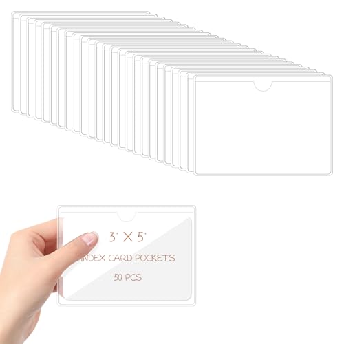 Fanmayhe 50 transparente Klebetaschen, 7,6 x 12,7 cm, Karteikartentaschen mit Öffnung oben zum Laden von Karteikartenhalter, transparente Etiketten, Kunststoff-Etikettenhalter für Speisekammer von Fanmayhe