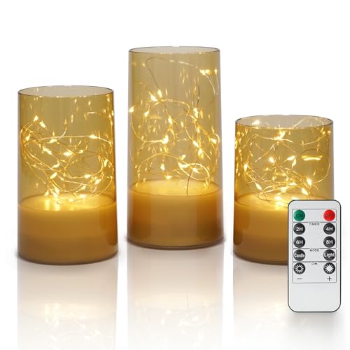 Fanna 3 Gold LED Acrylkerzen mit Lichterketten für Haus Dekoration, Flammenlose Zylinder Laternen mit Timer und Fernbedienung für Weihnachten - H10 / 12,5 / 15cm von Fanna