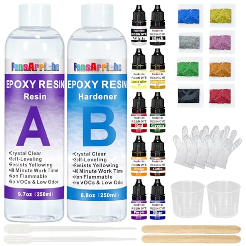 Epoxidharz Set Anfänger 500ml, Glasklar Epoxy Resin Gießharz Mit Epoxidharz Farbe, Glitzer, holzstäbchen, Handschuhe, messbecher, für Kunstprojekt, schmuckherstellung, Handwerk von FansArriche