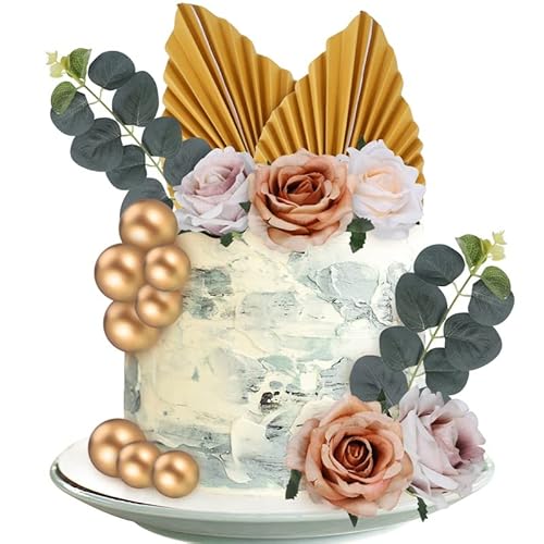 Fanshiontide 22 Stück Boho Tortendeko Dekoration, Blumen Golden Kugeln Hochzeit Cupcake Topper DIY Geburtstag Babyparty Braut Cake Decoration von Fanshiontide