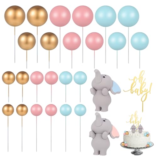 Fanshiontide 27 Stück Elefant Ornamente Kugeln Tortendeko Rosa Blue Gold Schaumkugeln mit Gold Oh Baby Cake Topper Elefant Kuchen Topper DIY Kuchen Deko für Jungen Mädchen Babyparty Geburtstag von Fanshiontide